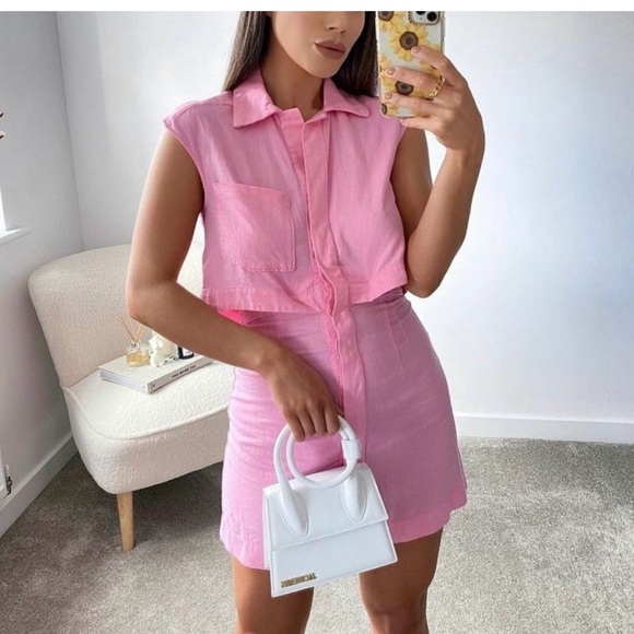 Linen Zara Pink Two Piece Dress Mini Short - Picture 3 of 9